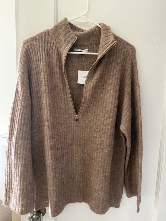 American Eagle Outfitters Sweaters - American Eagle Outfitters Women's Tan Ribbed Half-Zip Sweater